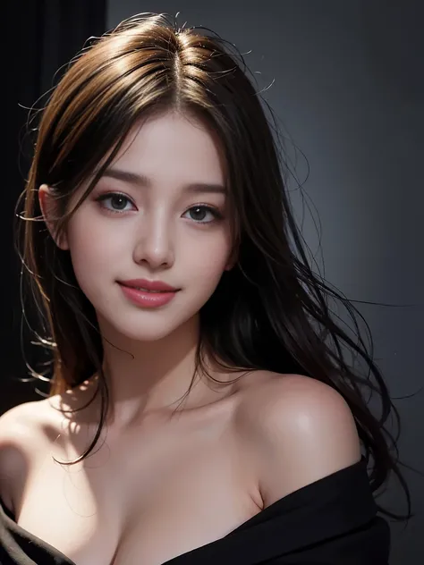 highest quality, masterpiece, ultra high resolution, (realistic:1.4), RAW photo, 1 girl, off shoulder, in the darkness, deep shadow, discreet key, cold light、smile