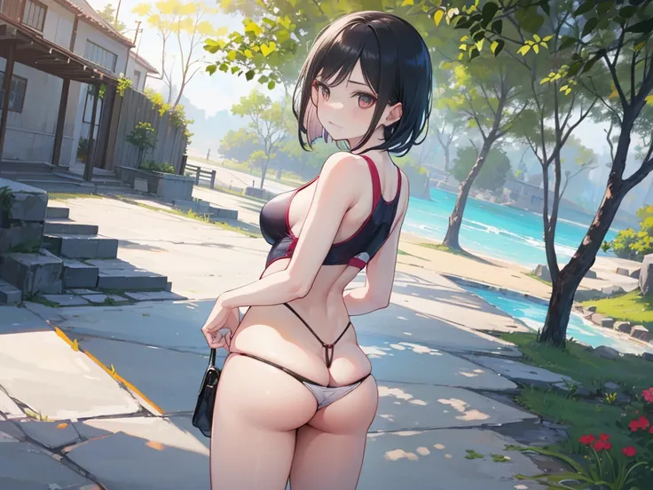 (((Sarada, pretty butt, sexy, thong swimsuit, standing, small breasts))), (Sarada Uchiha, Sozinha, cabelo curto, Angled Textured Bob) ,Eyeglasses, selva, red swimsuit, peito pequeno, ((swimsuit monokini, de lado, artistic composition, boa qualidade, alta q...