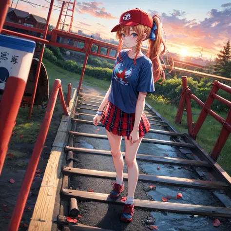 Red-blonde、blue hair、blue eyeraid、ponytail、one good looking girl、solo、anime、Plaid miniskirt、black t-shirt、camisole、forest、walking、Wearing a plaid baseball cap、Tilting your face、log bridge、Doing the ribbon、sunset sky、Wearing headphones、Stone bridge、train tr...