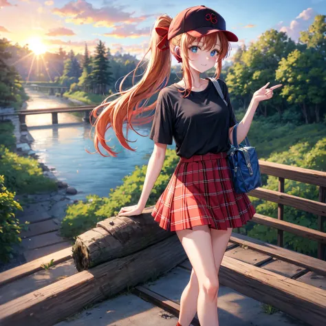 Red-blonde、blue hair、blue eyeraid、ponytail、one good looking girl、solo、anime、Plaid miniskirt、black t-shirt、camisole、forest、walking、Wearing a plaid baseball cap、Tilting your face、log bridge、Doing the ribbon、sunset sky、Wearing headphones、Stone bridge、train tr...