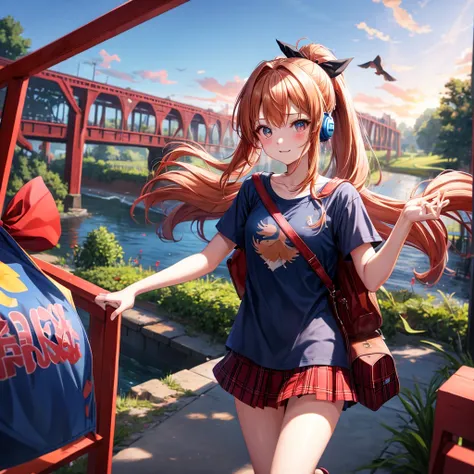 Red-blonde、blue hair、blue eyeraid、ponytail、one good looking girl、solo、anime、Plaid miniskirt、black t-shirt、camisole、forest、walking、Wearing a plaid baseball cap、Tilting your face、log bridge、Doing the ribbon、sunset sky、Wearing headphones、Stone bridge、train tr...