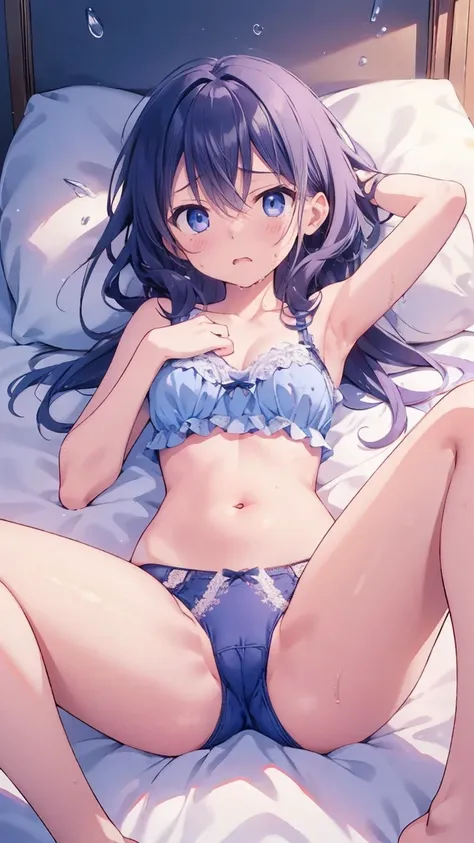 master piece、Highest image quality、highest quality、wallpaper、32K、,Little Face Girl、((Frustrated expression:1.3))、(Watery eye)、(((cute underwear)))、Lying on your back in bed、forced to spread legs、ample breasts、slender body shape、restrained