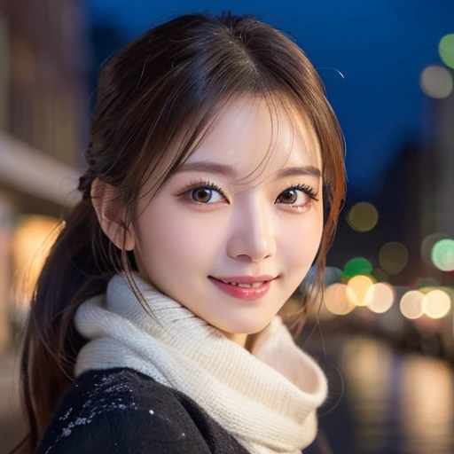 ((8k、RAW photo、highest quality、masterpiece:1.3))、(genuine、フォトgenuine:1.37)、japanese women:1.3、１people&#39;s women、Slender beauty、Full body shot、ponytail 、big breasts、Scarf、snow、City of night、super detailed face、super detailed eyes、double eyelid、smile、backg...