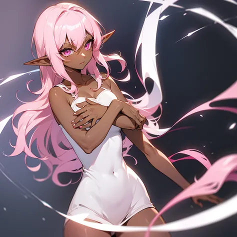 (((Dark Skin Elf Woman))),(((Pink Eyes))),(((Pink wavy hair))),(Curvy body),(((Alone))),(((Wearing a white Roman dress))),(((Alone)))