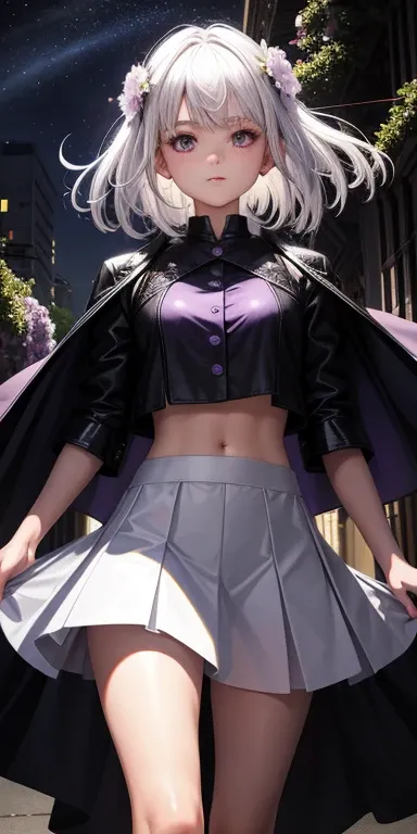 actual, 1 girl, white hair, purple eyes, glowing eyes, crop top, skirt, open, blush, night, flowers, sun, sunlight,