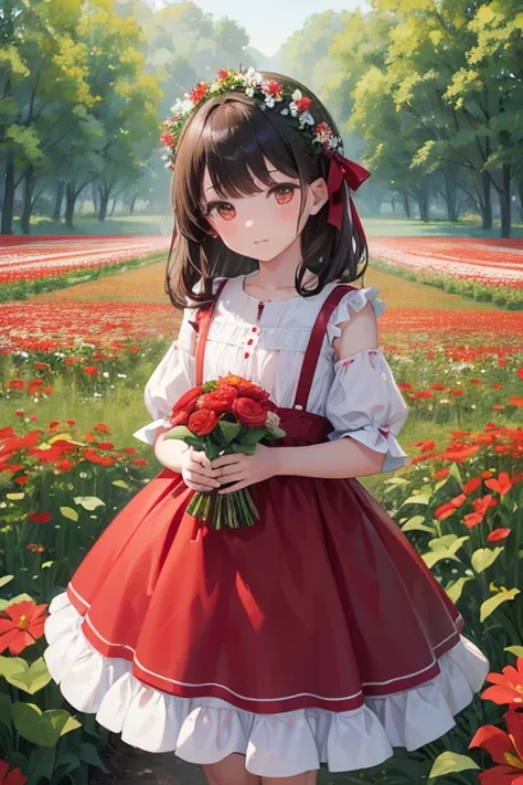 there is a little girl in a red and white dress holding a bouquet, girl in flowers, picking flowers, holding flowers, picking up a flower, girl standing in flower field, girl standing in a flower field, flowers on heir cheeks, girl in a flower field, portr...