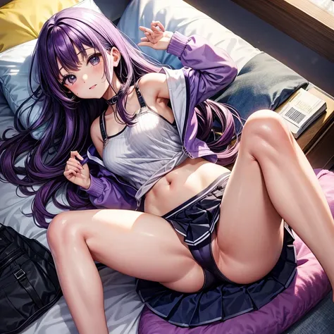 purple hair、high school girl、In underwear