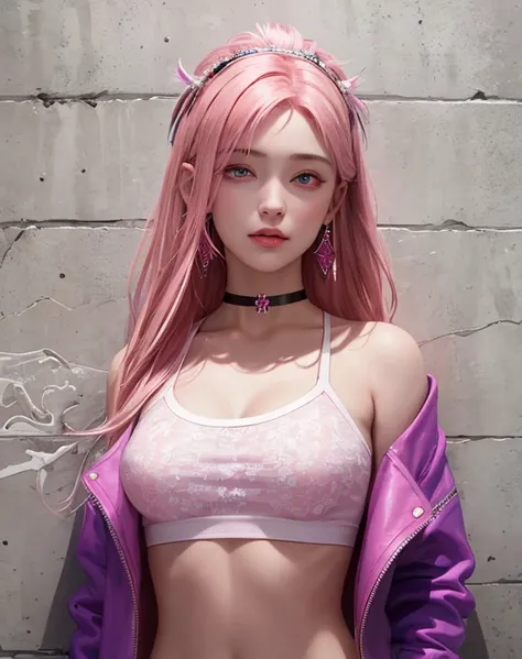 (masterpiece, highest quality, 1 girl, alone, intricate details, chromatic aberration), realistic, ((Medium Breath)),long hair, pink hair, Red headdress, pink highlights, hair above one eye,purple eyes, earrings, clear eyes, choker, Neon Shirt, open jacket...