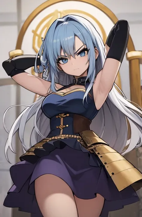 Imagen estilo anime de una chica de cabello azul y es baja y musculosa viste una armadura medieval y tiene una cara enojada 