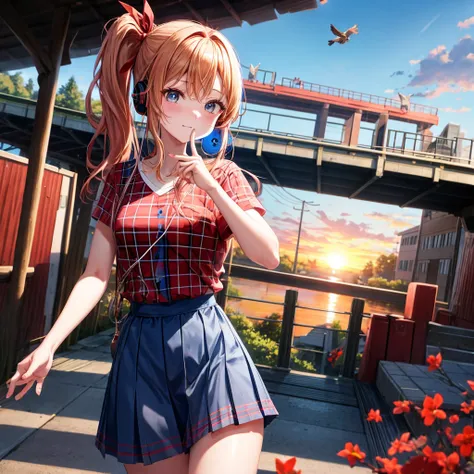 Red-blonde、blue hair、blue eyeraid、ponytail、one good looking girl、solo、anime、Plaid miniskirt、black t-shirt、camisole、forest、walking、Wearing a plaid baseball cap、Tilting your face、log bridge、Doing the ribbon、sunset sky、Wearing headphones、Stone bridge、train tr...