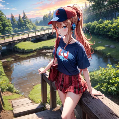 Red-blonde、blue hair、blue eyeraid、ponytail、one good looking girl、solo、anime、Plaid miniskirt、black t-shirt、camisole、forest、walking、Wearing a plaid baseball cap、Tilting your face、log bridge、Doing the ribbon、sunset sky、Wearing headphones、Stone bridge、train tr...