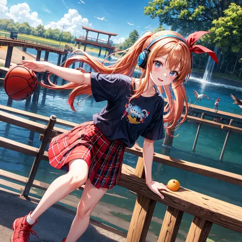 Red-blonde、blue hair、blue eyeraid、ponytail、one good looking girl、solo、anime、Plaid miniskirt、black t-shirt、camisole、forest、walking、Wearing a plaid baseball cap、Tilting your face、log bridge、Doing the ribbon、sunset sky、Wearing headphones、Stone bridge、train tr...