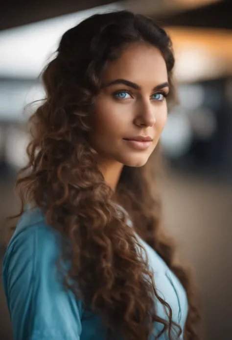 a young girl of 26 years old, very light blue eyes, wavy hair, brown, swarthy, Polynesian type, sporty shape sportif airport sexy