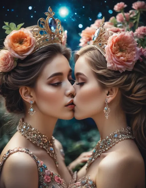 2girls, eye contact, kiss, Beautiful and pretty, princess look out of this world, floral, jewel, 