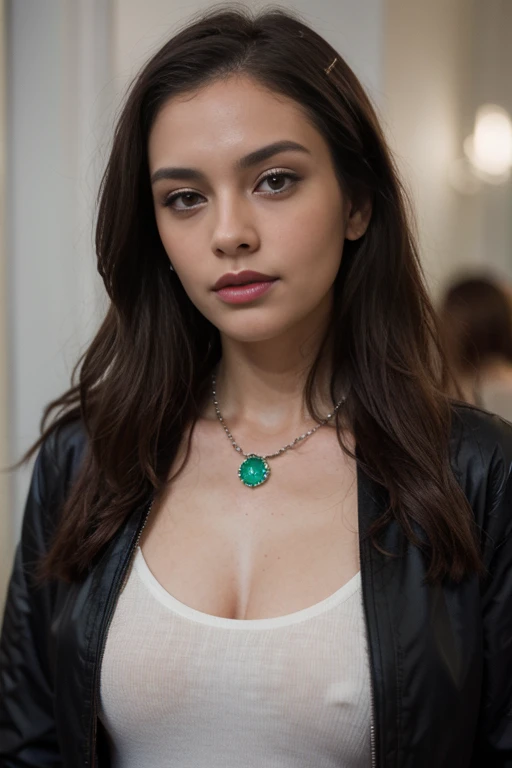 ((best quality)), ((masterpiece)), (detailed), perfect face realistic photo of beautiful woman with long dark brown hair, Russian, influencer, light freckles, dark brown eyes, big lips, no makeup, instagram, wearing a black jacket and green beaded necklace...