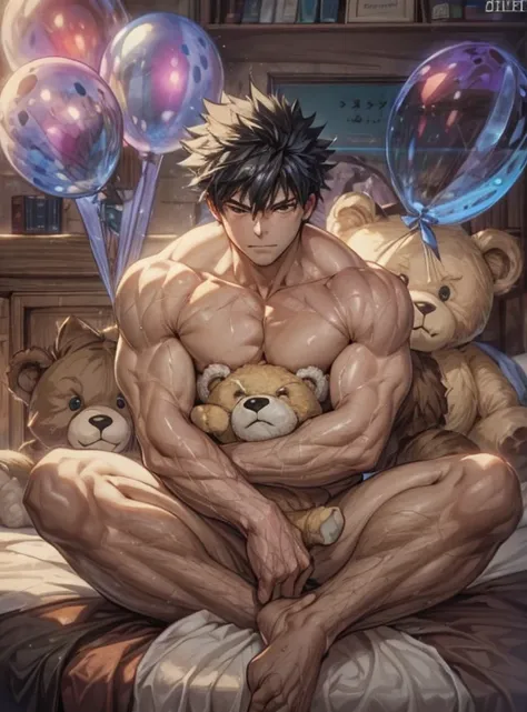 Gray full buster sitting on a bed looking at the viewer holding a teddy bear, muscular body and bedroom scene