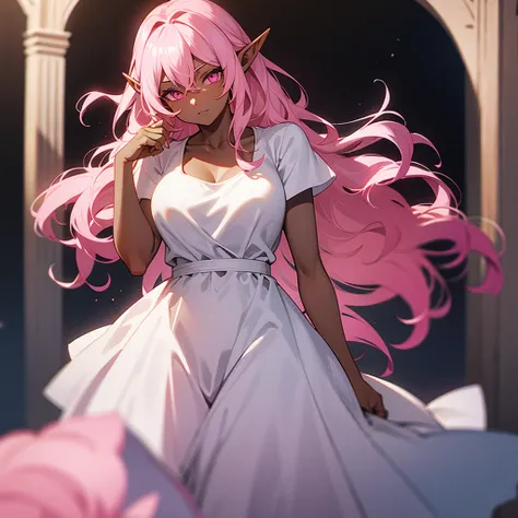 (((Dark Skin Elf Woman))),(((Pink Eyes))),(((Pink wavy hair))),(Curvy body),(((Alone))),(((Wearing a white Roman dress))),(((Alone)))