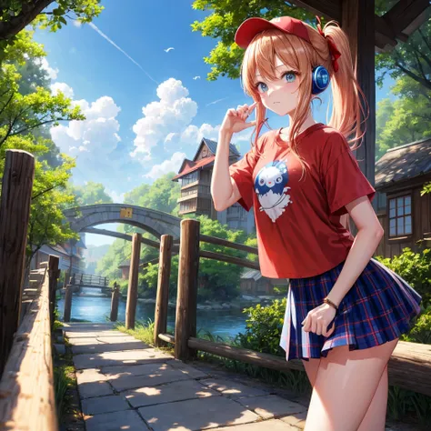 Red-blonde、blue hair、blue eyeraid、ponytail、one good looking girl、solo、anime、Plaid miniskirt、black t-shirt、camisole、forest、walking、Wearing a plaid baseball cap、Tilting your face、log bridge、Doing the ribbon、sunset sky、Wearing headphones、Stone bridge、Stone st...