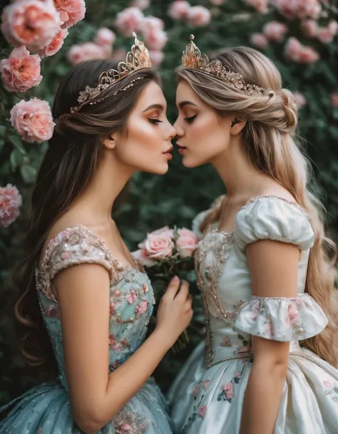 2girls, love, eye contact, kiss, Beautiful and pretty, princess look out of this world, floral, 