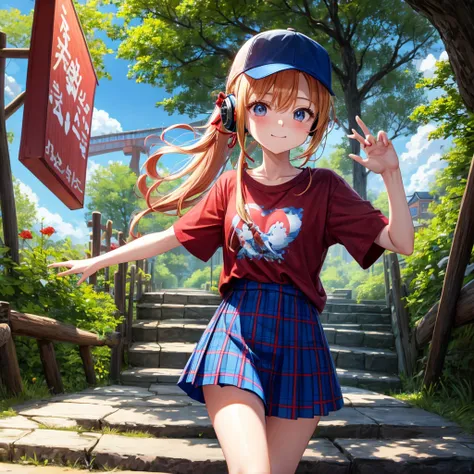 Red-blonde、blue hair、blue eyeraid、ponytail、one good looking girl、solo、anime、Plaid miniskirt、black t-shirt、camisole、forest、walking、Wearing a plaid baseball cap、Tilting your face、log bridge、Doing the ribbon、sunset sky、Wearing headphones、Stone bridge、Stone st...