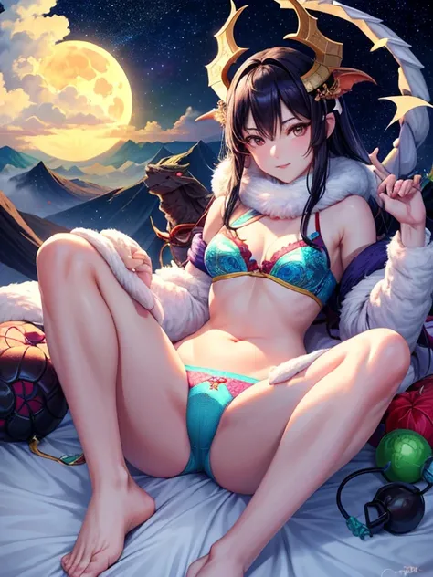 (Ying Dragon God), (Through the Clouds), (Top of the Mountains), (Complex), (Super Detail), (Starry Sky Background), (Stout Limbs), (Moon Night), (Ultra Clear), (Best Quality),HD graphics，Chu Chu dynamic and colorful female college student lying on the bed...