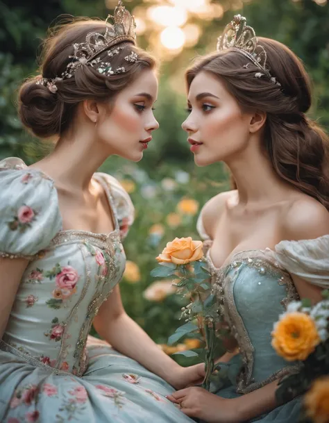 2girls, love, eye contact, kiss, Beautiful and pretty, princess look out of this world, floral, 