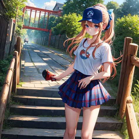 Red-blonde、blue hair、blue eyeraid、ponytail、one good looking girl、solo、anime、Plaid miniskirt、black t-shirt、camisole、forest、walking、Wearing a plaid baseball cap、Tilting your face、log bridge、Doing the ribbon、sunset sky、Wearing headphones、Stone bridge、Stone st...