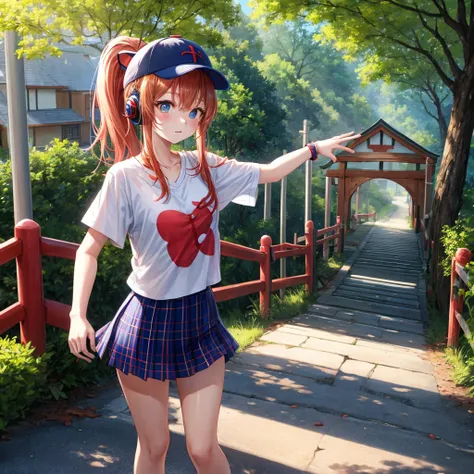 Red-blonde、blue hair、blue eyeraid、ponytail、one good looking girl、solo、anime、Plaid miniskirt、black t-shirt、camisole、forest、walking、Wearing a plaid baseball cap、Tilting your face、log bridge、Doing the ribbon、sunset sky、Wearing headphones、Stone bridge、Stone st...