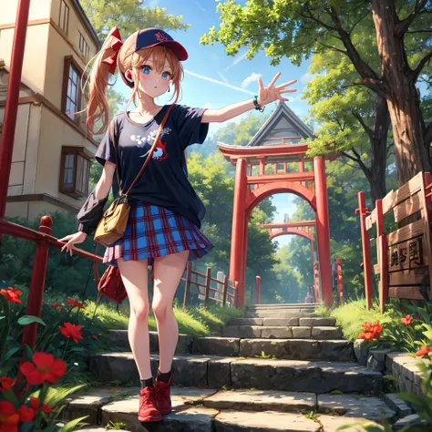 Red-blonde、blue hair、blue eyeraid、ponytail、one good looking girl、solo、anime、Plaid miniskirt、black t-shirt、camisole、forest、walking、Wearing a plaid baseball cap、Tilting your face、log bridge、Doing the ribbon、sunset sky、Wearing headphones、Stone bridge、Stone st...