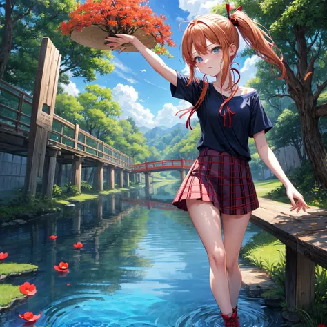 Red-blonde、blue hair、blue eyeraid、ponytail、one good looking girl、solo、anime、Plaid miniskirt、black t-shirt、camisole、forest、walking、Wearing a plaid baseball cap、Tilting your face、log bridge、Doing the ribbon、sunset sky、Wearing headphones、Stone bridge、Stone st...