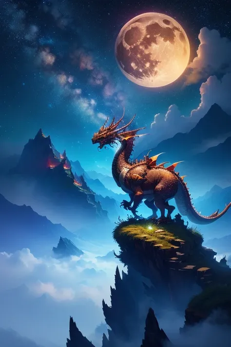 (Ying Dragon God), (Through the Clouds), (Top of the Mountains), (Complex), (Super Detail), (Starry Sky Background), (Stout Limbs), (Moon Night), (Ultra Clear), (Best Quality)