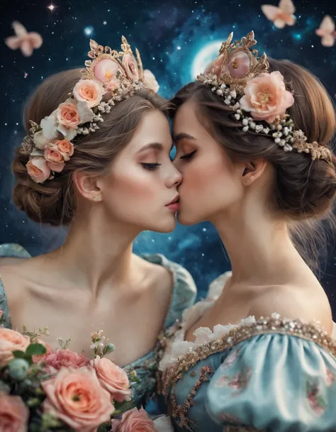 2girls, love, eye contact, kiss, Beautiful and pretty, princess look out of this world, floral, 