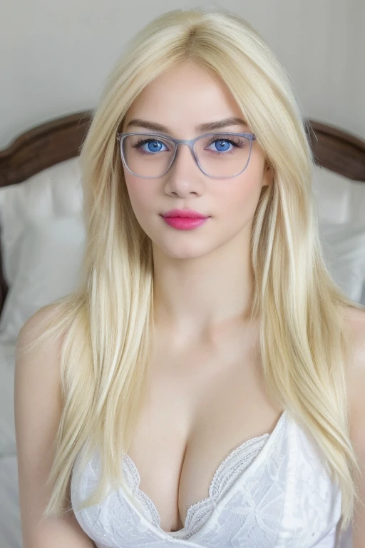 RAW,, Nikon Z 85mm, award-winning glamor photography, ((best quality)), ((masterpiece)), ((realistic)), beautiful russian woman, white lace dress, white skin, 18 years old, ((long blonde hair:1.3)),glasses, hazel eyes, perky huge breasts, sitting in the be...