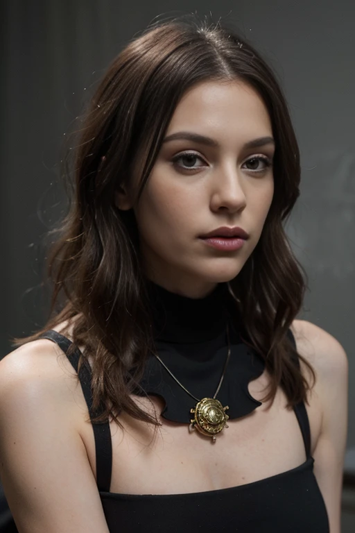 ((best quality)), ((masterpiece)), (detailed), perfect face realistic photo of beautiful woman with long dark brown hair, Russian, influencer, light freckles, dark brown eyes, big lips, no makeup, instagram, in a black dress with blue snakes on her back, a...