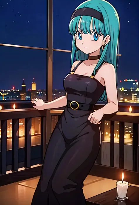 masterpiece,
bulla, aqua hair, blue eyes, red hairband, hoop earrings, medium breasts, seductive, candles burning, looking at viewer, black ballroom dress, city, moonlight, night sky, balcony,