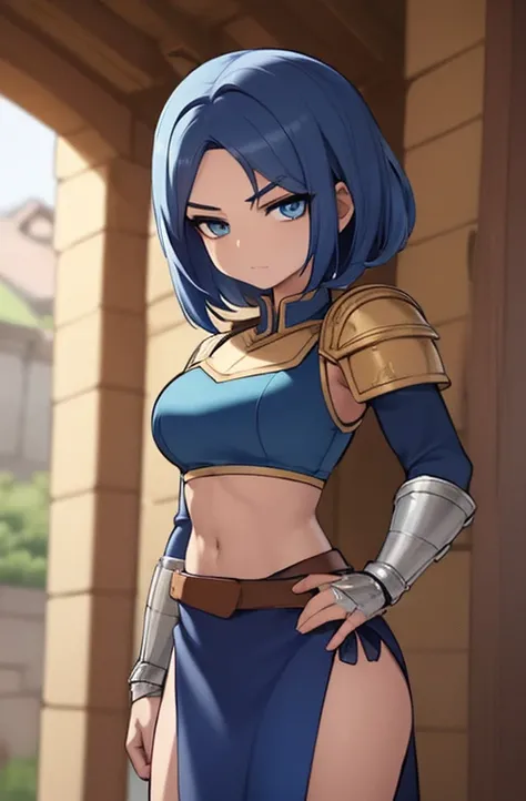 Obra maestra, la mejor calidad, manos bien detalladas Imagen 4k,HD, anime style of a girl with blue hair and she is short and muscular, blue eyes and well detailed, she wears medieval armor more 