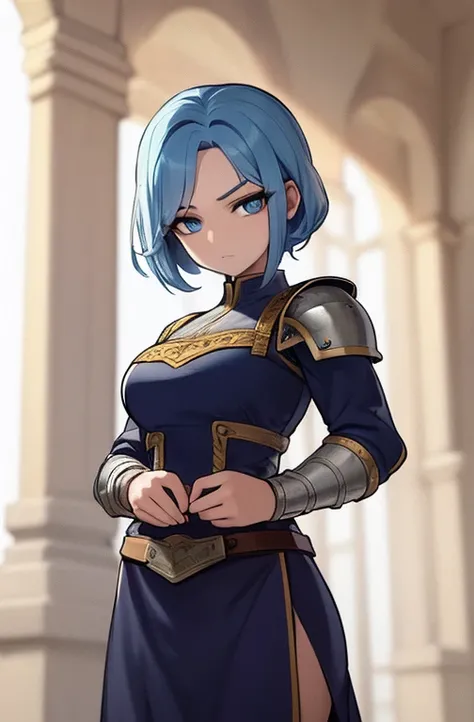 Obra maestra, la mejor calidad, well detailed hands anime style image of a girl with blue hair and she is short and muscular blue eyes and well detailed she wears medieval armor more 