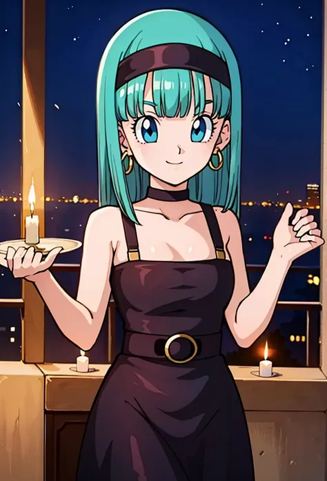 masterpiece, bulla, aqua hair, blue eyes, red hairband, hoop earrings, medium breasts, seductive, candles burning, looking at vi...