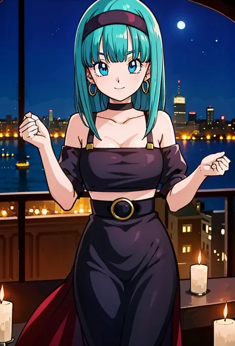 masterpiece, bulla, aqua hair, blue eyes, red hairband, hoop earrings, medium breasts, seductive, candles burning, looking at vi...