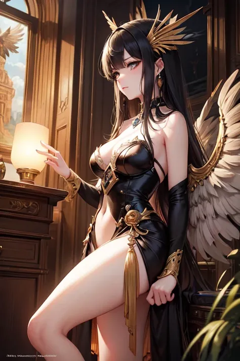 In an oil painting characterized by a similar syntax and descriptive style, a steampunk lustrous harpy captivates the viewers attention. The main subject of this artwork is a mythical bird-woman hybrid with mechanical wings, ornate copper and bronze gears ...