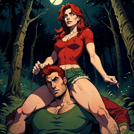 Two people in a forest at night. A "leggy redhaired woman in short shorts" is "on top of a deadmans shoulders" "woman on top" "sitting on  shoulders" "woman is holding deadmans head" "man got scared expression" ". the mans back is against a tree.
