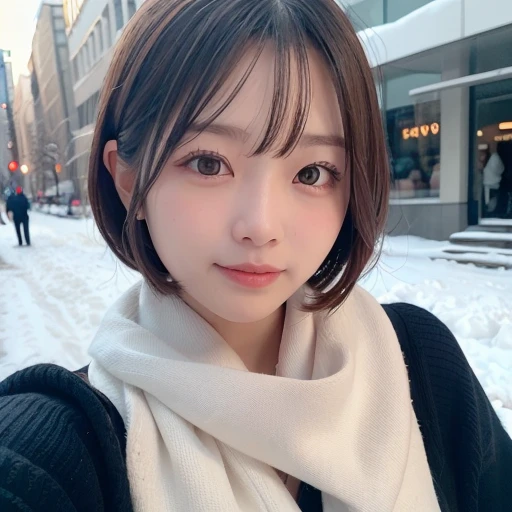 ((8k、RAW photo、highest quality、masterpiece:1.2))、(genuine、フォトgenuine:1.4)、japanese women、１people&#39;s women、Slender beauty、bob cut 、big breasts、Scarf、snow、City of night、super detailed face、super detailed eyes、double eyelid、smile、background blur