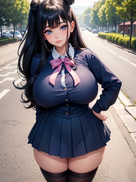 curvy latina, ((school girl)), black long hair ((hair down)), double buns, parted bangs (forehead), puffy cheeks, plump waist, ((long eyelashes, thick eyelashes), blue eyes, ((navy school uniform)), collared, long sleeves, pink ribbon, huge breasts ((gigan...