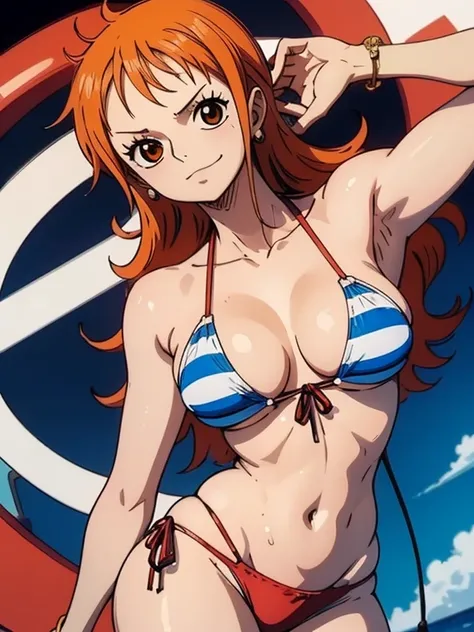 An Arafe woman wears a bikini top and red super miniskirt, nami one piece, uma obra-prima , Retrato bonito de Nami, nami from one piece,Nami em super minissaia vermelha, arte de anime digital detalhada, Cute Exirobat showing white pants, Muito detalhado Ar...