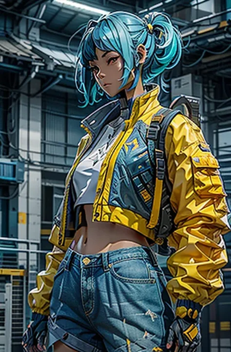 An asian blue hair girl, beautiful, wearing an yellow jacket, cropped white shirt, blue denim shorts, beautiful face, full body, colouful, cosmic, futuristic, detailed, golden hour, iridescent, vibrant, mark brooks, frank frazetta, david mann, kilian eng, ...