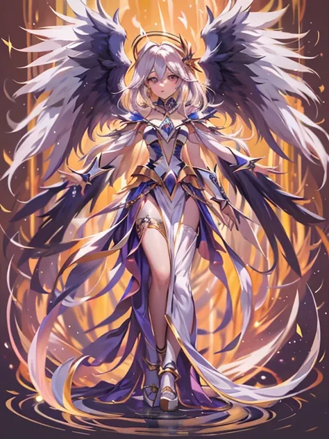 1 mujer dark magician:2 Celestial angel version:1 extendiendo sus alas:3 con un abrigo de plumas blancas, Alas llenas de espalda, Halo radiante, Cabello largo que fluye, Mechanical wings dancing delicately at the waist, Figura mediana, Ombligo hundido, cur...