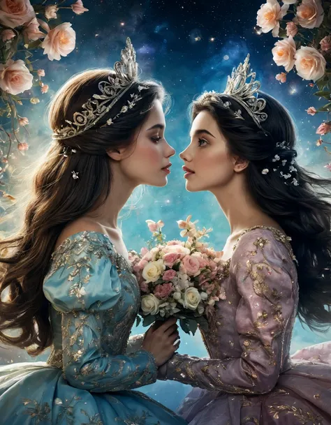 2 princess, love, eye contact, kiss, Beautiful and pretty, princess look out of this world, floral, 