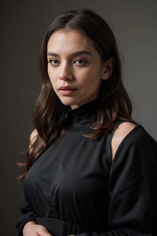 ((best quality)), ((masterpiece)), (detailed), perfect face realistic photo of beautiful woman with long dark brown hair, Russian, influencer, light freckles, dark brown eyes, big lips, no makeup, instagram, in a black dress standing in front of a gray bac...