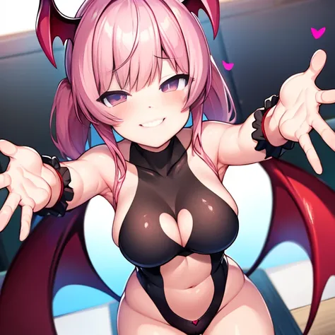 Succubus　pose of temptation　erotic body　　cute face　attractive face　Arm outstretched pose　heart mark　slight smile　pink hair　eyes are hearts　4-arm　charm magic　Angle from above