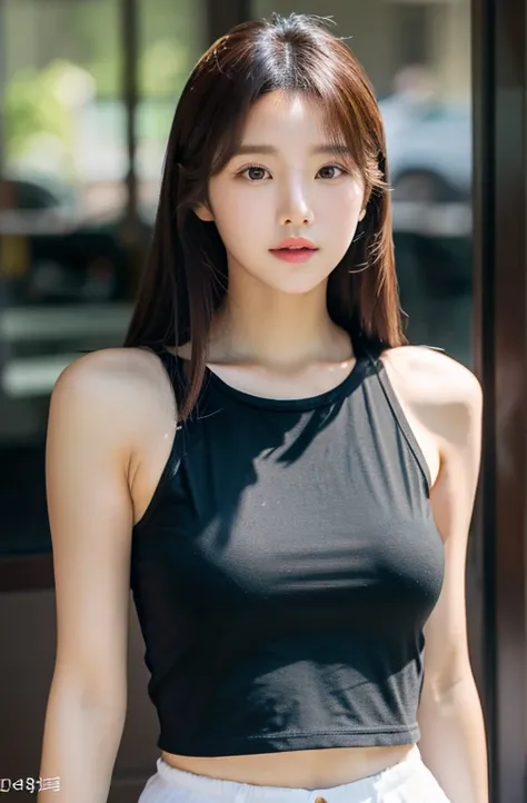 (1 Cute Korean Star) shoulder length hair, light makeup, big chest size, wearing a tank top, clear facial features, 8K high resolution, edgy, realistic detailed.From outside, Eye level shooting, F/4.0, 135mm, FujiFilm, jpeg artiFacts, Dithering, UHD, maste...